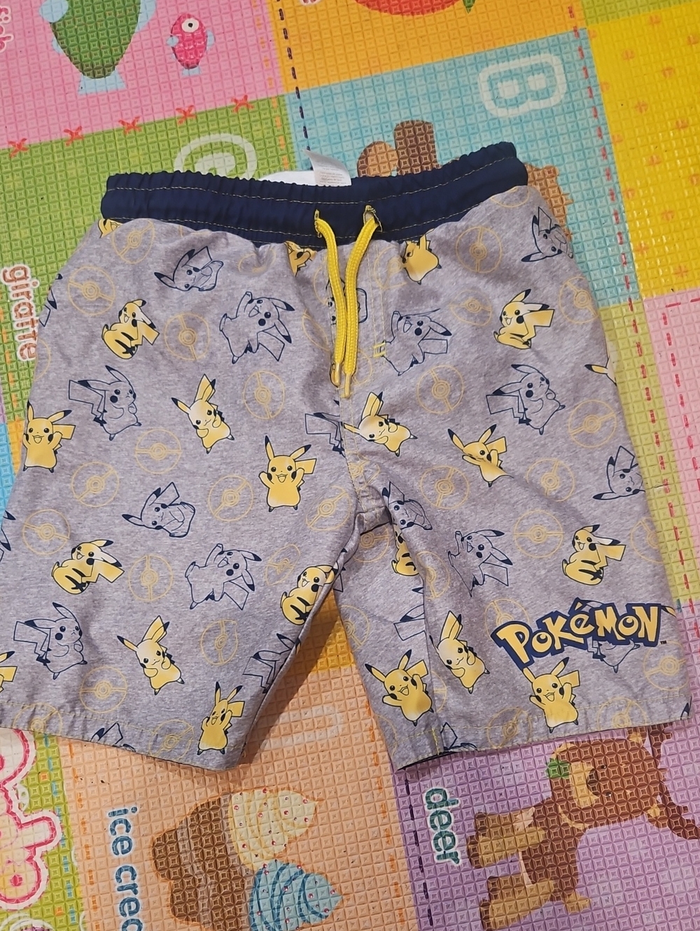 Euc Size 6 Pokemon Pikachu Grey Kids Swim Trunks with Yellow Drawstring